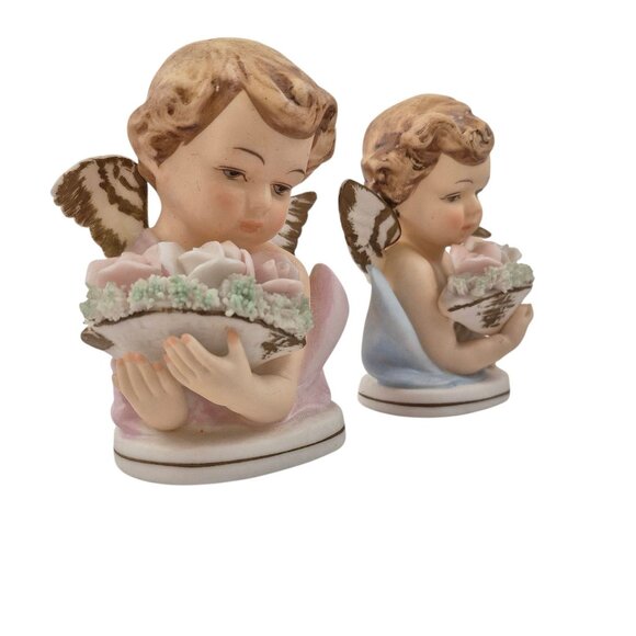 Tilso Cherub Angel Pair Figurines Bisque Porcelain Pink Blue Flowers 1958 - Picture 2 of 10